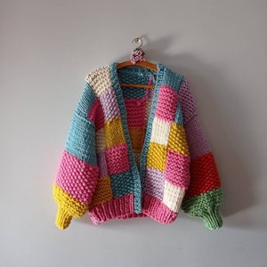 Patchwork Knitted Coat, Blue Patch Woman Cardigan, Fashionable Gift ...