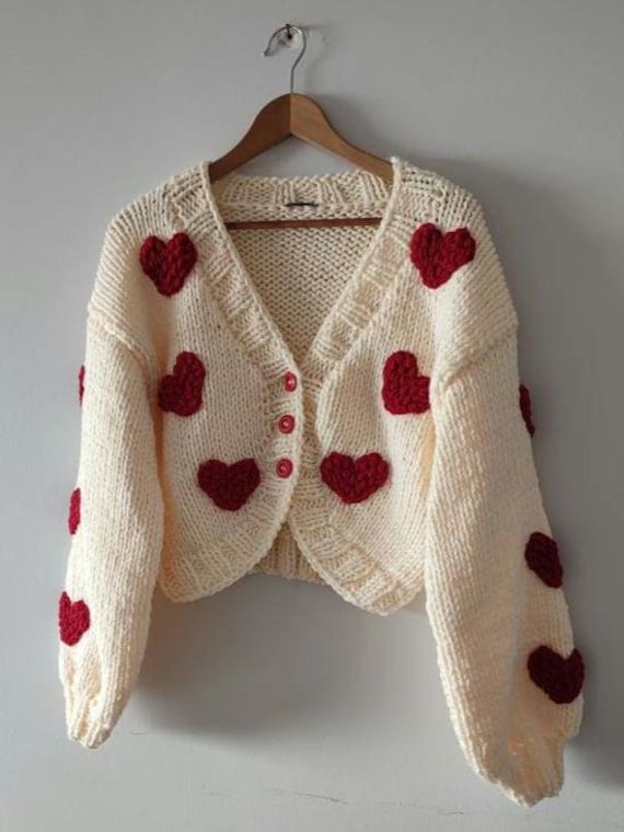 Handmade Cotton Heart Cardigan, Embroidered Knit Sweater, Cozy