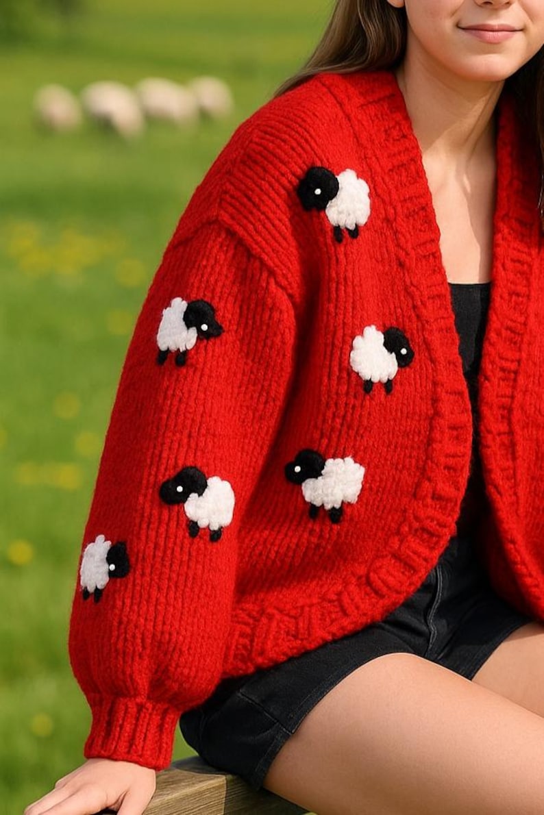 K&ouml;nnte beinhalten: Ein leuchtend roter, grob gestrickter Cardigan mit wei&szlig;en Schafen mit schwarzen Gesichtern. Der Cardigan mit offenem Schnitt hat eine lockere Passform. Die Schafe sind gleichm&auml;&szlig;ig &uuml;ber die &Auml;rmel und die Vorderseite verteilt.