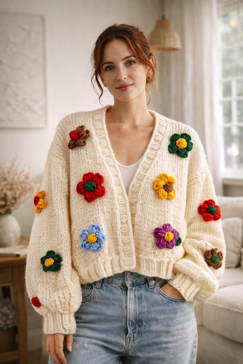 Hand Knit Flower Cardigan, Chunky Cream Knit Sweater, Oversized