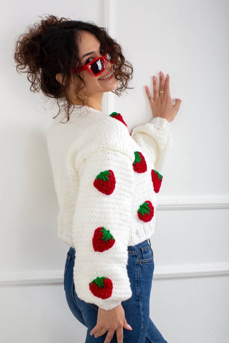 Strawberry Embroidered White Chunky Mid Crop Woman Cardigan | Etsy
