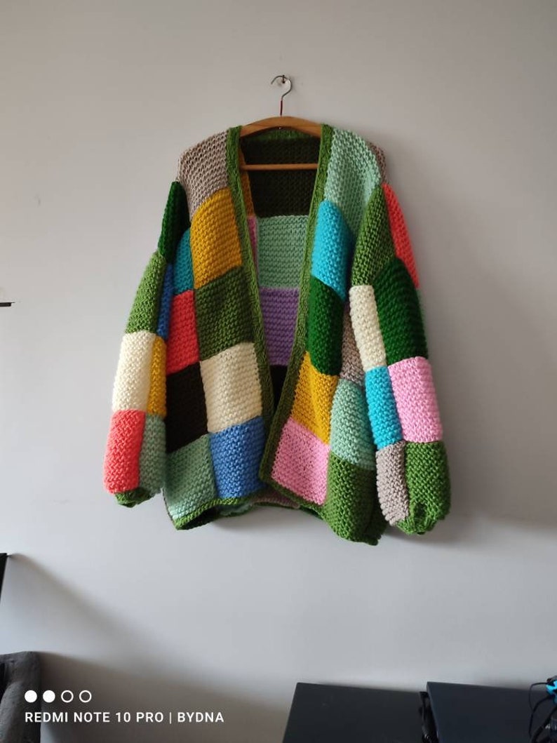 Angora patch cardigan, rainbow midi cardigan, patchwork oversize sweater, woman chunky pullover, handmade woman clothes, gifts for her him image 1