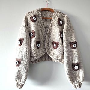 Teddy bear cardigan, 3d bear embroidery sweater, sweet chocolate knit jumper, women handmade clothes, cozy sweater, unique gifts for her