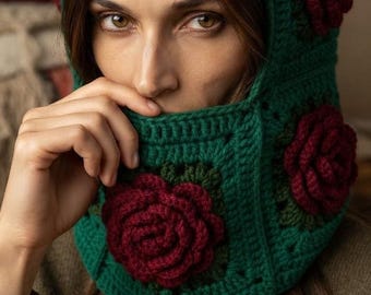 Lady Crochet Balaclava with 3D Rose Appliques, Wool Warm Dark Greenl Hooded Scarf, Winter Knitted Headwear, Gift for Her Christmas