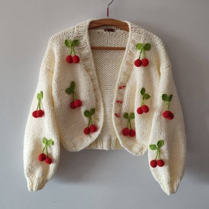 Cherry cotton cardigan, woman fruit embroidery jumper, handmade trendy sweater, spring summer knittings, cottagecore tops