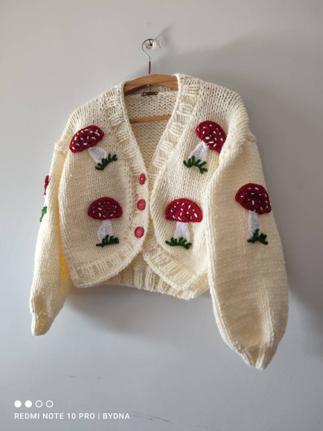 Mushroom Woman Cardigan, Fluffy Sweater, Red Mushrooms Embroidery