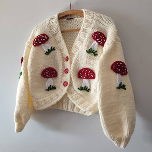 Mushroom woman cardigan, fluffy sweater, red mushrooms embroidery jumper, christmas gifts sweater, school girl wear, trendy women clothes