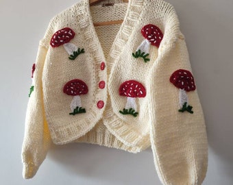 Mushroom woman cardigan, fluffy sweater, red mushrooms embroidery jumper, christmas gifts sweater, school girl wear, trendy women clothes