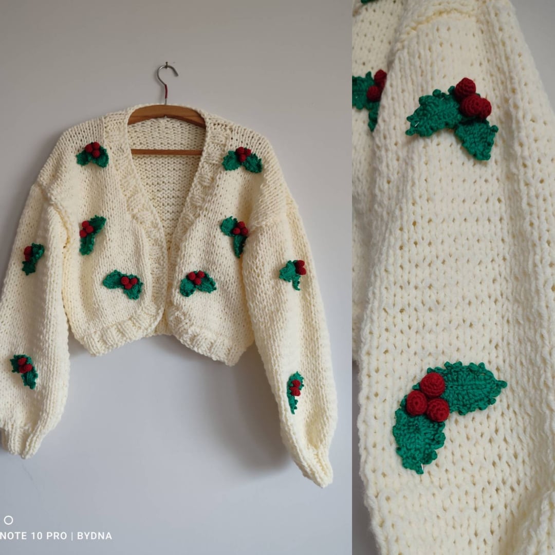 Handmade Christmas Cardigan, Crochet Holly Berry Appliqué Sweater ...