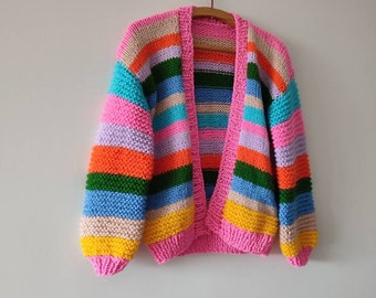Colorful angora cardigan, custom neon striped sweater, knitted jumper, cozy wool cardigan, trendy woman gift, wool knit coat, y2k fashion
