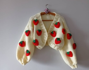 Handmade Cotton Strawberry Cardigan, Valkyrae Style Oversized Fruit Sweater (DDP)