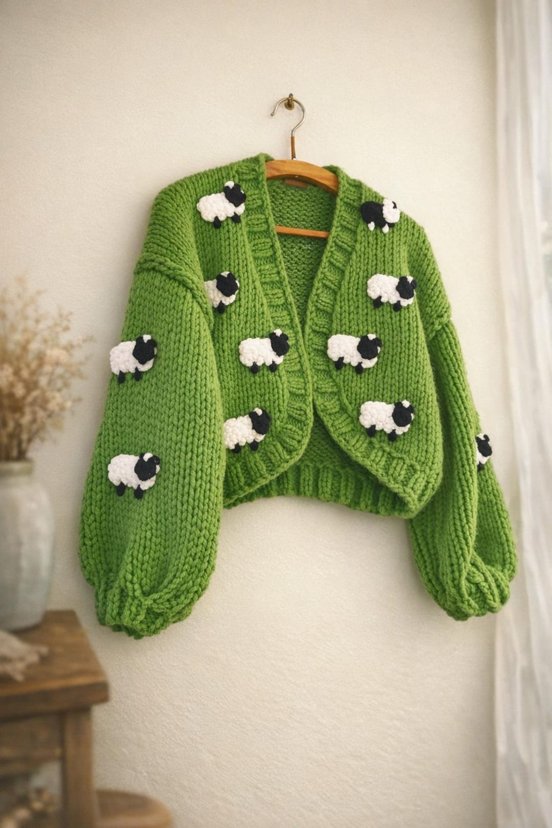 BYDNA Chunky Knit Green Sheep Cardigan – Cozy Handmade Oversize