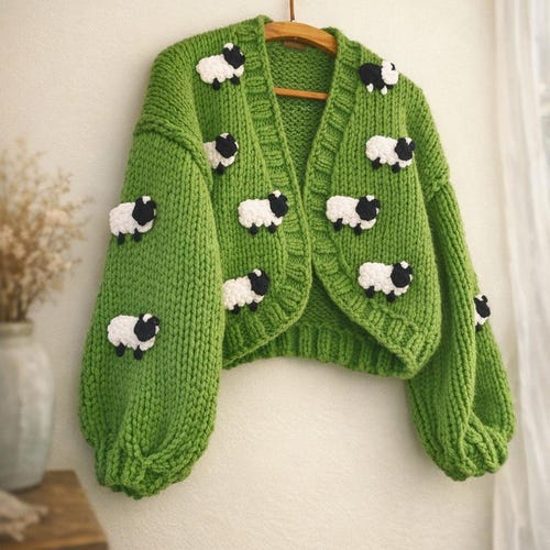 BYDNA Chunky Knit Green Sheep Cardigan – Cozy Handmade Oversize