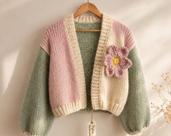 Floral Chunky Knit Cardigan, Hand Knitted Color Block Sweater, Oversized Boho Cardigan, No Custom Fees, Handmade Gift for Her