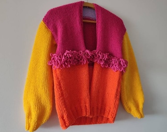 Cozy Angora bright cardigan, Color Block Bright Cardigan, Pink Orange Mohair Sweater, Handmade Knitted Jumper