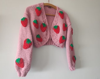 Aardbei crop vest, roze gebreide dameskleding, op maat besteld beroemd vest, handgemaakte rode aardbei trui, trendy trui voor haar