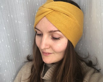 Bandeau torsadé tricoté à la main en laine jaune miel pour femmes, turban noué tricoté en laine moutarde chunky, bandeau large chaud fait à la main