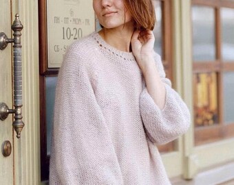 Maglione beige in mohair fatto a mano: maglione lavorato a maglia con maniche a palloncino oversize