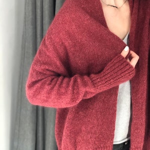 Red mohair mesh cardigan with lurex. Slouchy shawl collar alpaca knit duster coat for women. Burgundy open knitted women's wool cocoon Red with lurex