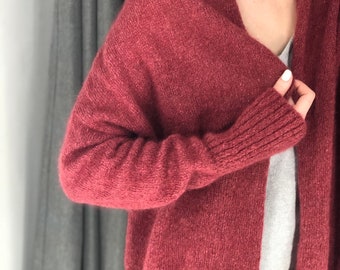 Handmade Red Mohair Cardigan, Lightweight Alpaca Knit Duster