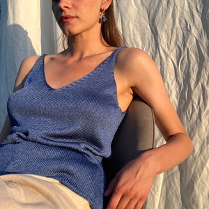 Blue pure silk hand knitted top. Silk knitted camisole for women. Deep V neck and back hand knit top. Spaghetti strap singlet top. image 1