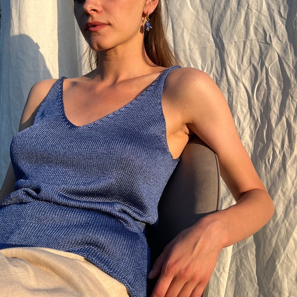 Blue pure silk hand knitted top. Silk knitted camisole for women. Deep V neck and back hand knit top. Spaghetti strap singlet top.