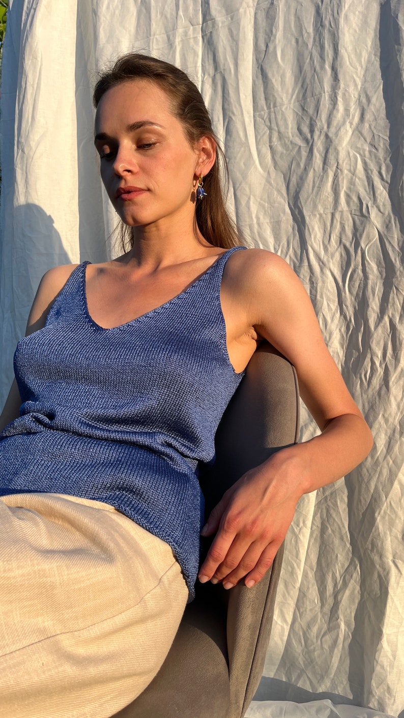 Blue pure silk hand knitted top. Silk knitted camisole for women. Deep V neck and back hand knit top. Spaghetti strap singlet top. image 1