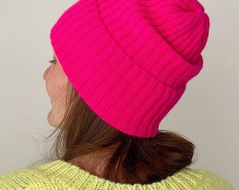 Neon pink wool knitted chunky hat for women. Handknit angora wool slouchy beanie. Handmade pink wool knit hat
