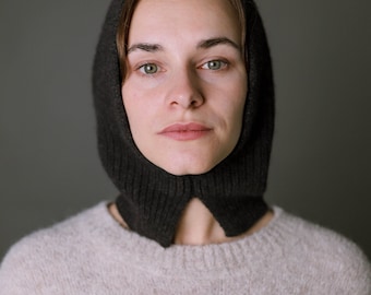 Hand Knit Dark Gray Wool Hood: Cashmere Blend Cowl