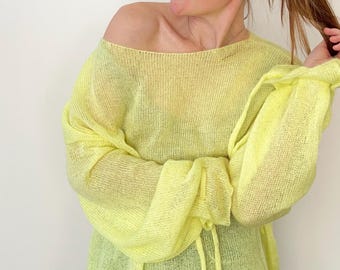 Neon Yellow Sheer Mohair Blend Sweater, Wide Sleeve Knit Pullover
