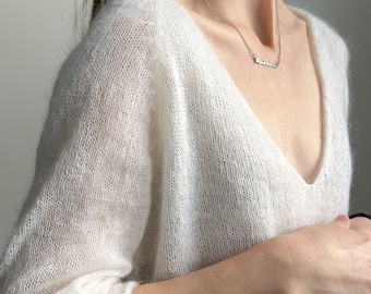 White mohair mesh sweater for women. Alpaca warm light sheer sweater. Womens cozy handknit pullover. See-through mohair silk sweater