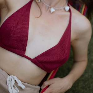 Red hand knitted silk bralette. Deep V boho top. Open back lace knit bra.