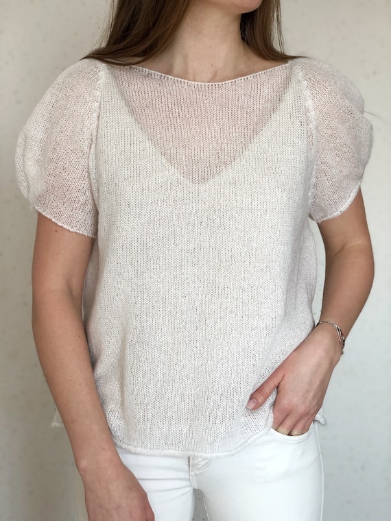 Pull en mohair blanc à manches Pull en maille d'alpaga