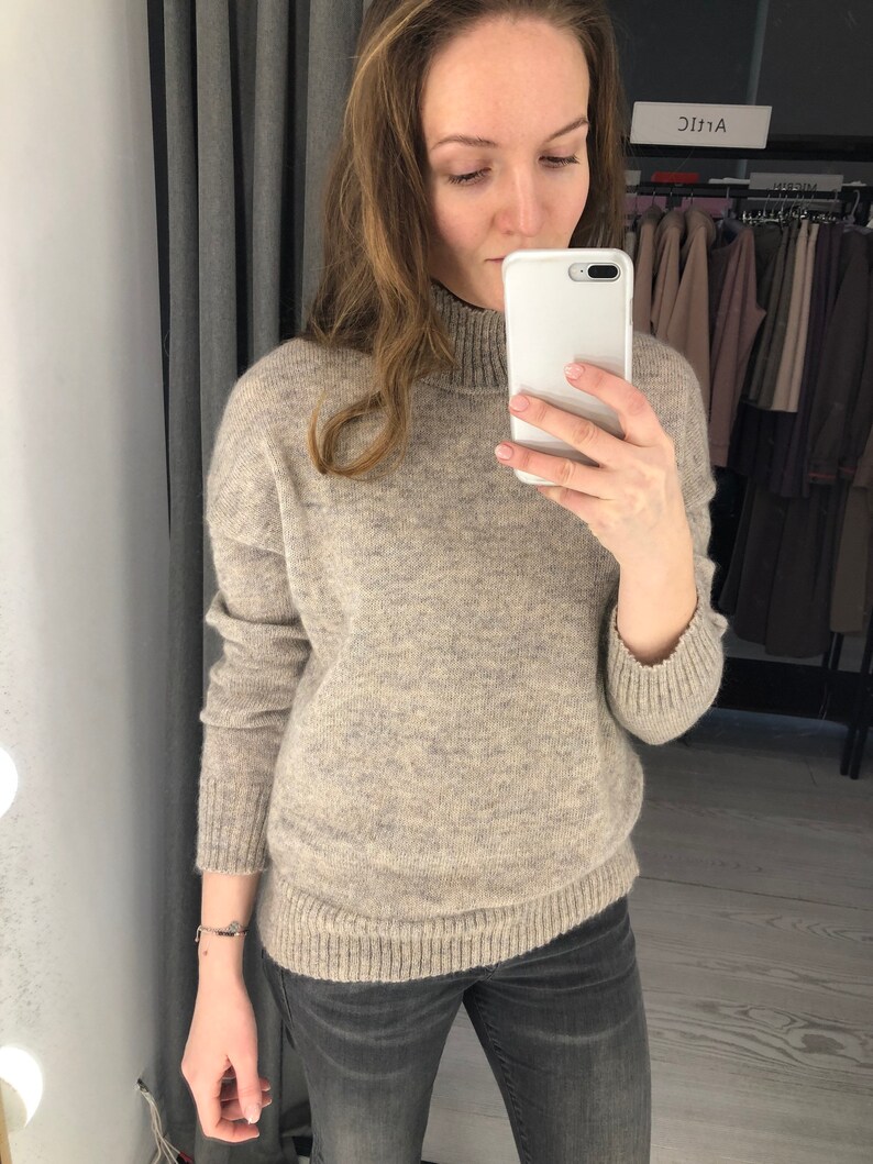 Beige knitted turtleneck wool sweater. Handmade knit jumper for women. Knitted classic mohair pullover. Chunky knit sweater image 8