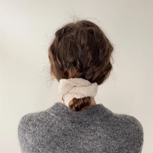 Gray beige mohair knit scrunchie. Boucle knit scrunchie. Elegant hair accessory. Fluffy hair tie. Best present for her.