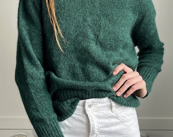 Hand Knit Emerald Green Mohair Sweater: Boat Neck, Sheer Knit