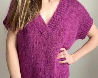 Purple mohair knit vest Alpaca knitted sweater vest  Deep V neck knit vest  Oversized sweater vest Chunky knit women vest