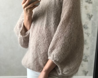 Beige mohair oversized knitted sweater for women. Handmade balloon sleeve alpaca knit jumper. Handknit puff sleeve chunky sheer pullover