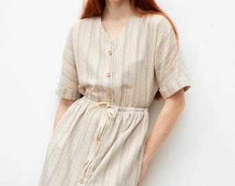 Beige striped linen shirt dress. Drawstring light summer gown for women. Short sleeves tea length sundress. Organic sustainable clothing