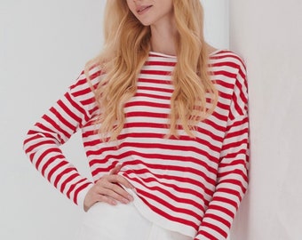 Red Breton striped linen knitted sweater for women. Oversize one shoulder long sleeve hand knit jumper. Boat neck organic cotton pullover