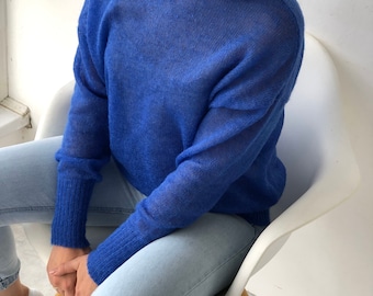 Cobalt blue mohair mesh sweater. Alpaca solid sheer pullover. Thin mohair knit sweater. See-through mohair sweater. Chunky knit sweater