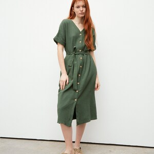 Forest green muslin dress with short sleeves and pockets. Tea length wrap dress with belt. Tea length casual simple dress with buttons image 2