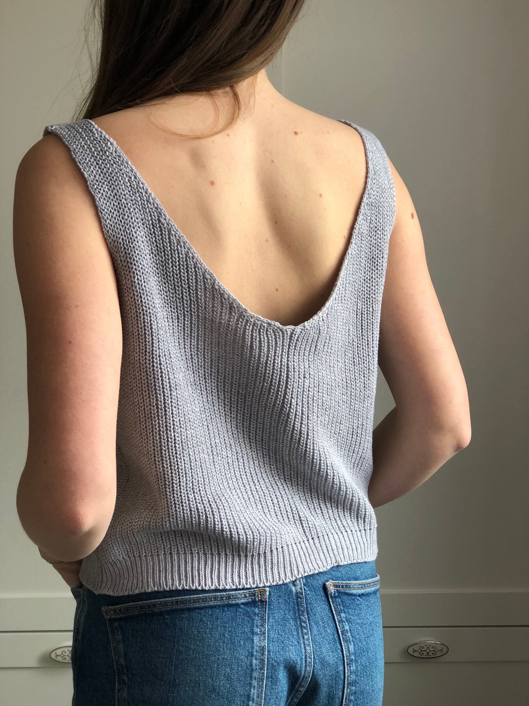 Gray Hand Knitted Tank Top Casual Summer Rib Knit Cotton Singlet Deep
