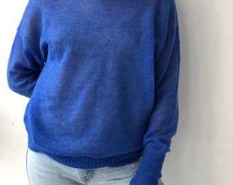 Cobalt Blue Mohair Knit Sweater, Sheer Alpaca Pullover