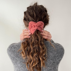 Dusty coral mohair scrunchie. Fluffy alpaca knit hair tie. Soft elegant gift for her.