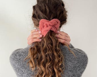 Dusty coral mohair scrunchie. Fluffy alpaca knit hair tie. Soft elegant gift for her.