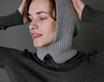 Grey Hand Knit Wool Hood: Cashmere Blend Winter Warmer