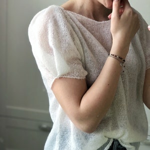 White balloon sleeve mohair sweater. Alpaca mesh knit sweater. Chunky knit boat neck pullover. See-trough mohair bride sweater