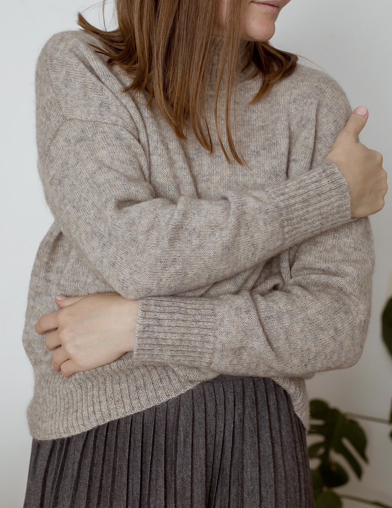 Beige knitted turtleneck wool sweater. Handmade knit jumper for women. Knitted classic mohair pullover. Chunky knit sweater image 6