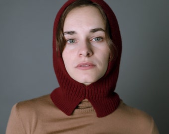 Red Merino Wool Knit Hood: Cashmere Blend Winter Warmer